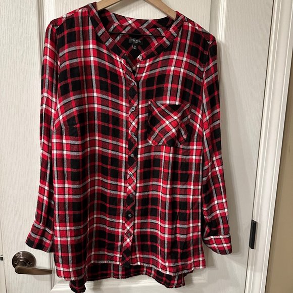 Talbots Tops - Talbots | 1X Red Black Soft Flannel Plaid Collarless Button Up Long Sleeve Shirt